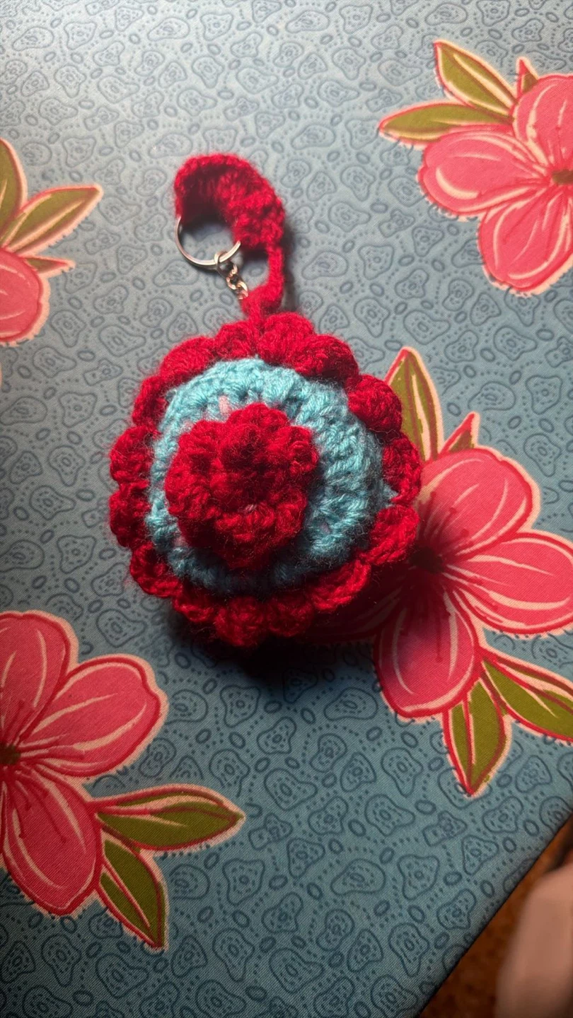 Handmade-crocheted Flower Keychain - Red and Blue