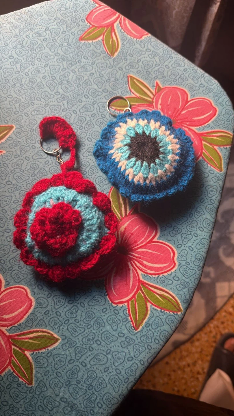 Handmade-crocheted Flower Keychain - Red and Blue - photo 2