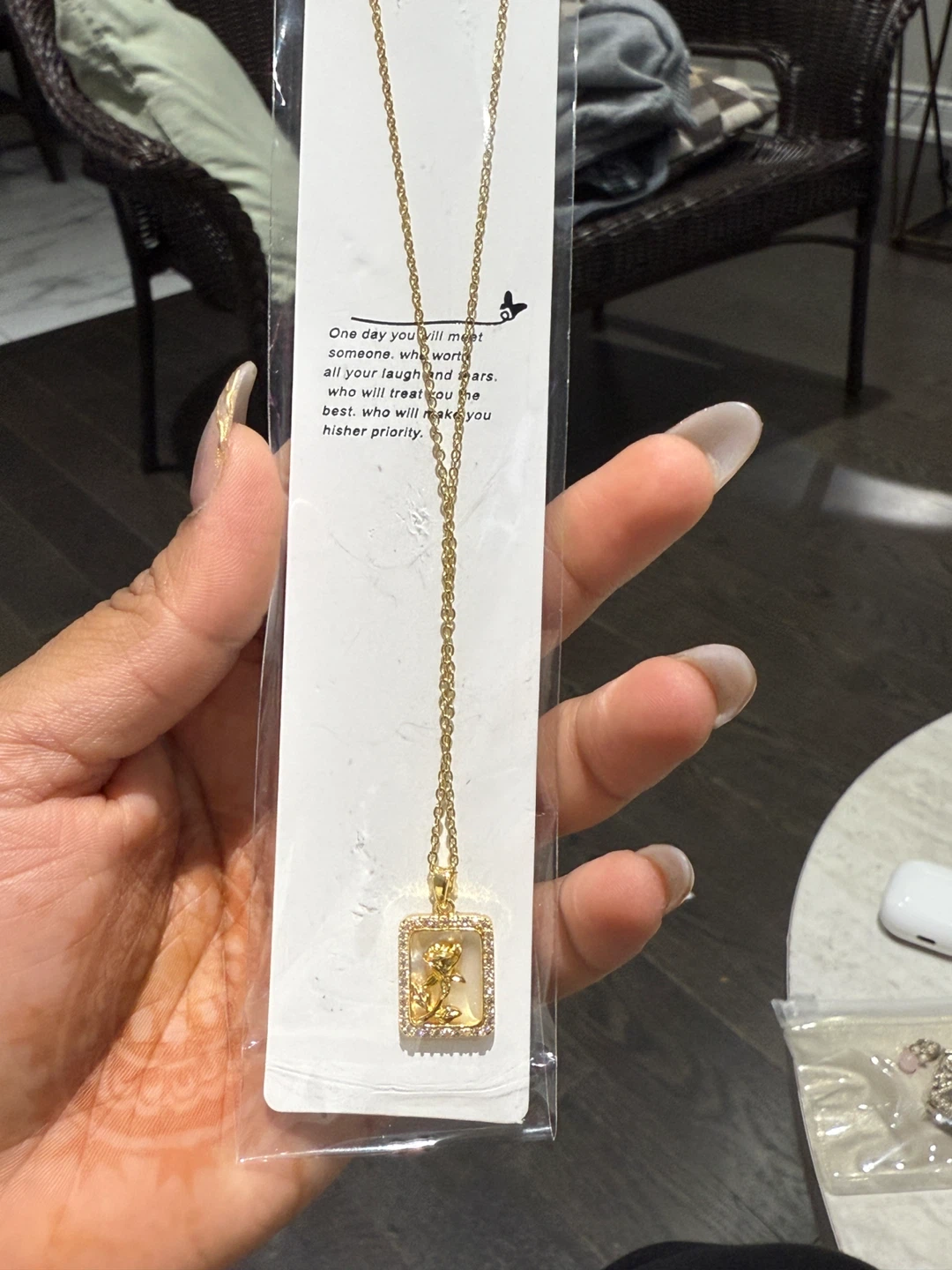 Gold Rose Pendant Necklace with Rhinestones