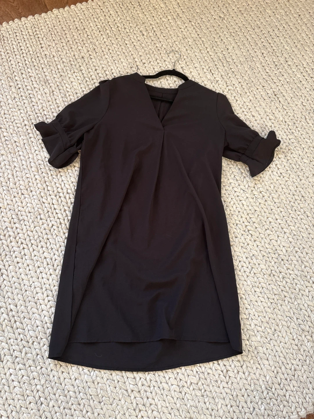 Black V-Neck Dress with Ruffled Cuffs