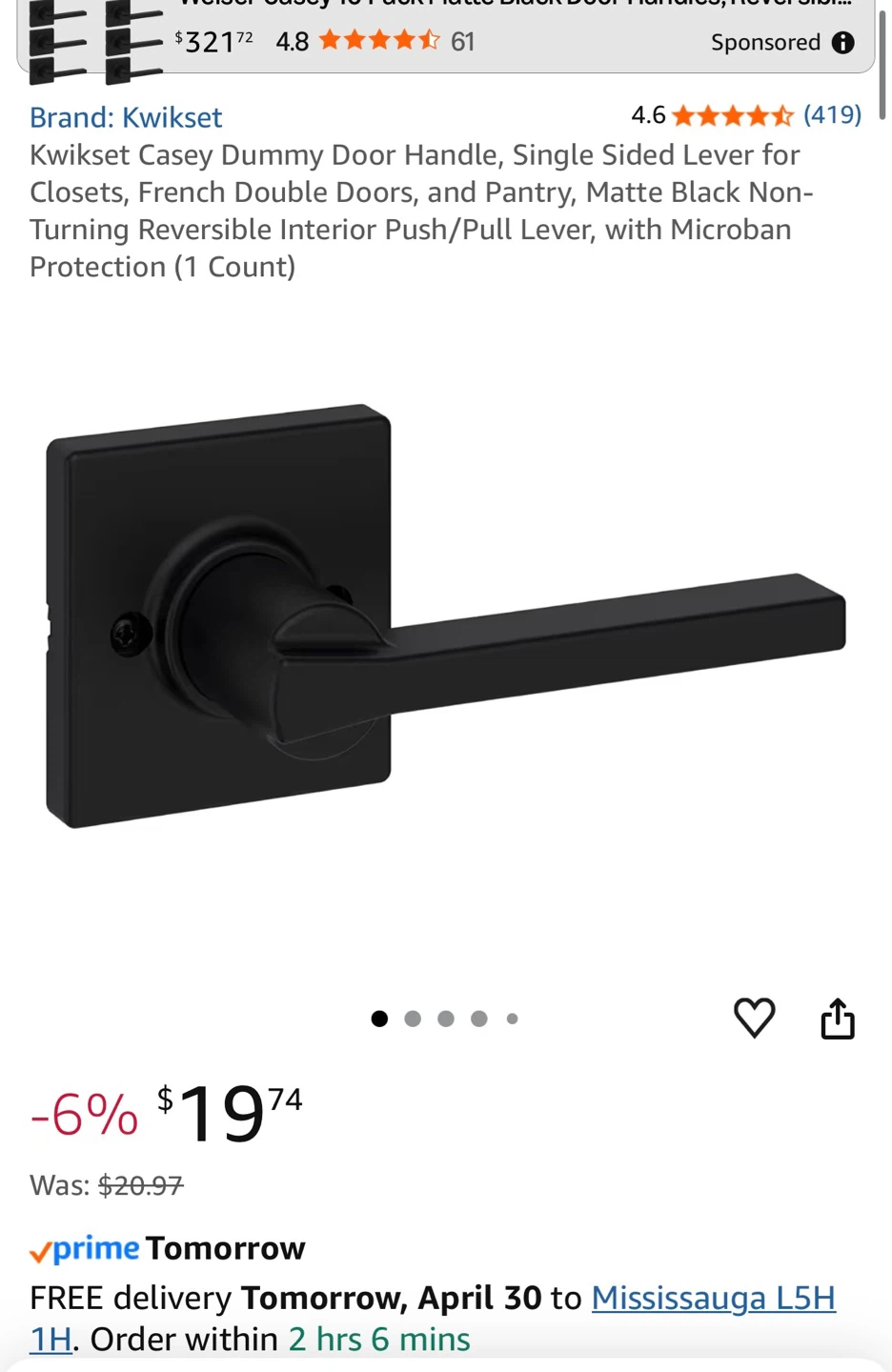 New Kwikset Casey Single Sided Lever Door Handle - Matte Black