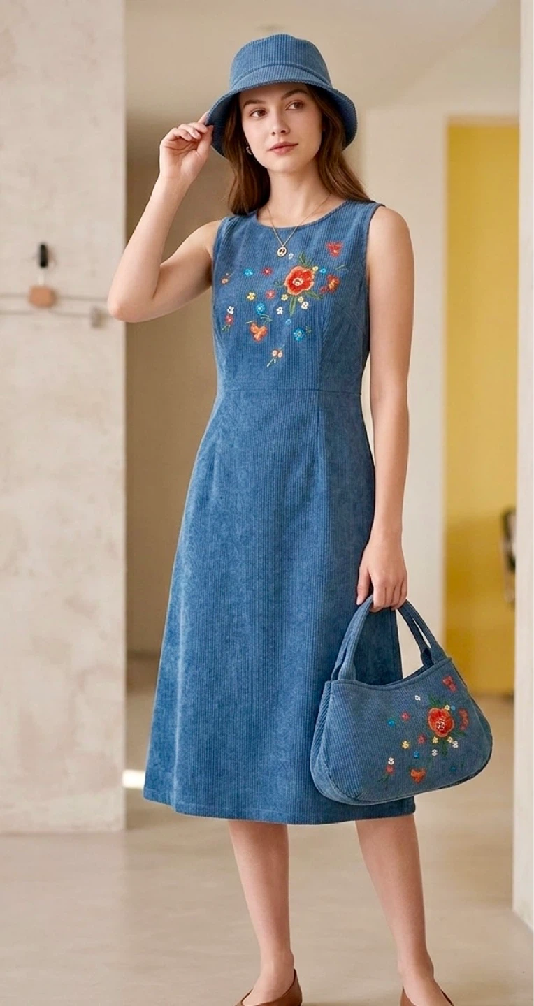 Embroidered Corduroy Bucket Hat and Handbag Set