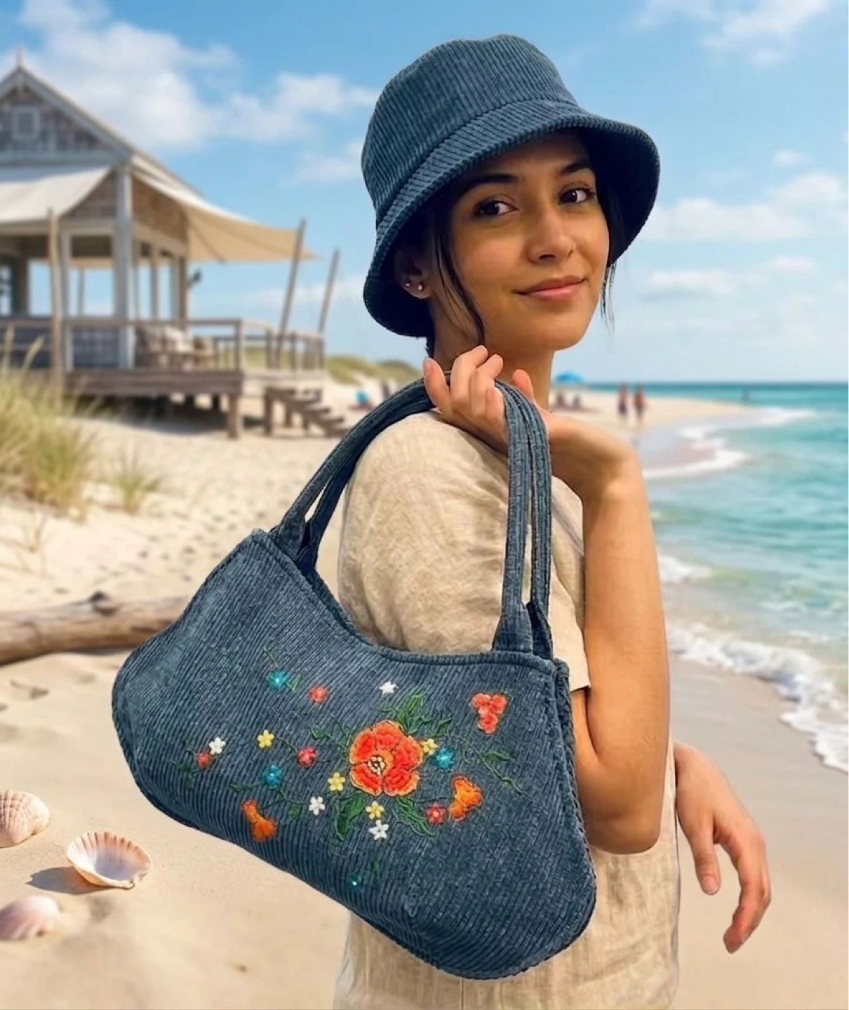 Embroidered Corduroy Bucket Hat and Handbag Set - photo 3