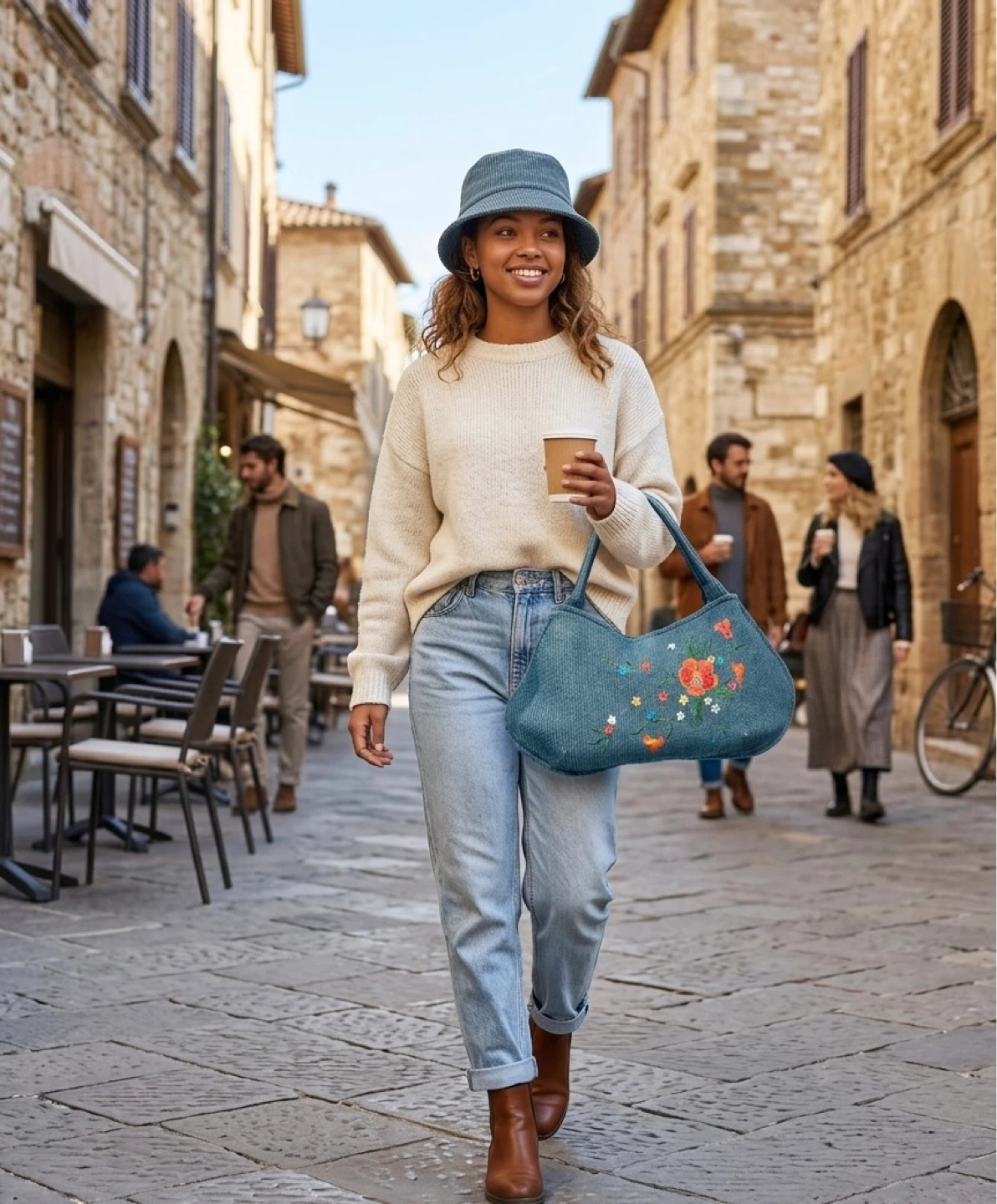 Embroidered Corduroy Bucket Hat and Handbag Set - photo 4