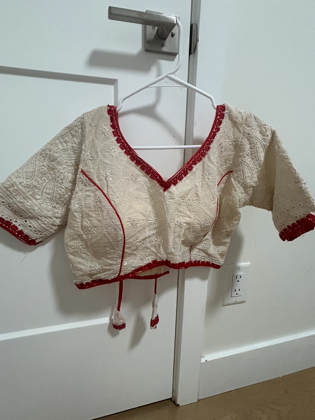 Cream Blouse with Red Trim