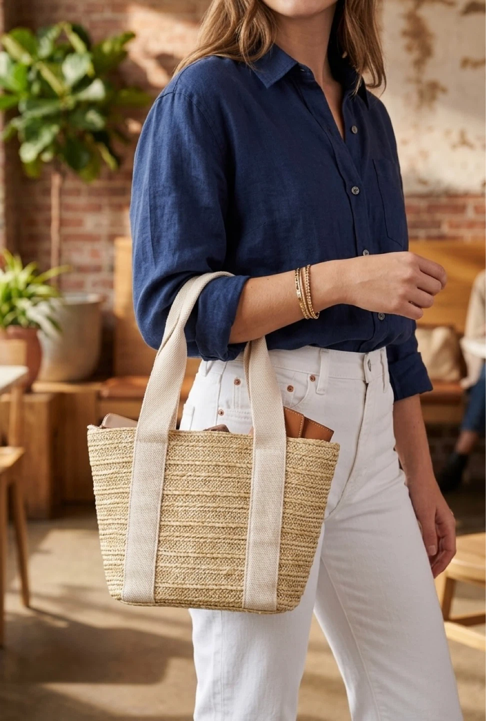 Straw Tote Bag with Canvas Straps - photo 2