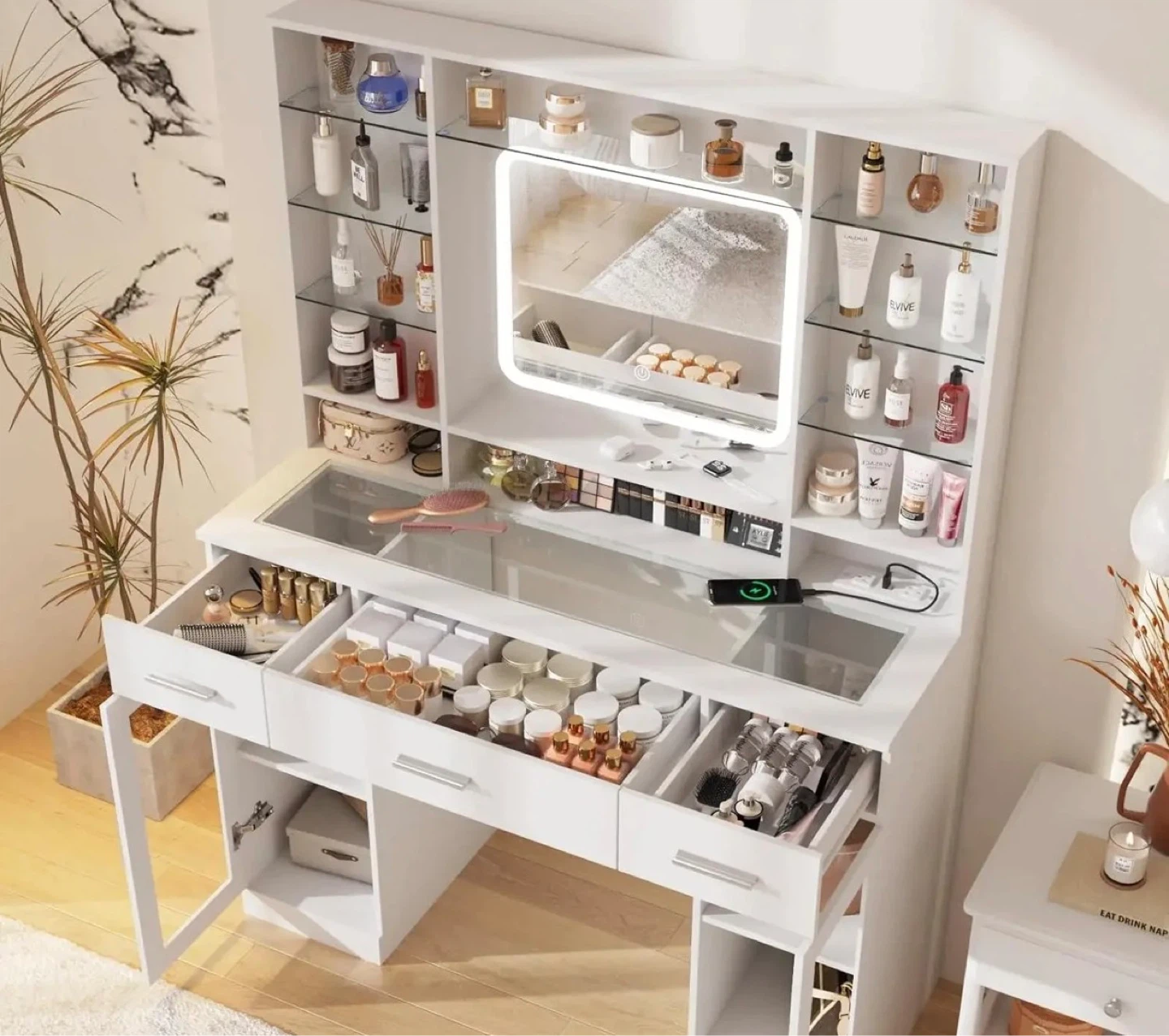 White Makeup Vanity with Lighted Mirror and Storage - photo 3
