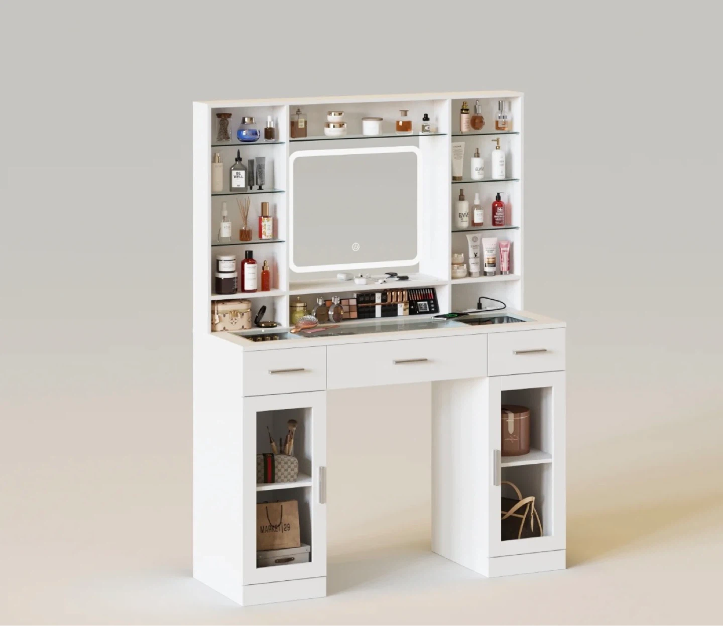 White Makeup Vanity with Lighted Mirror and Storage