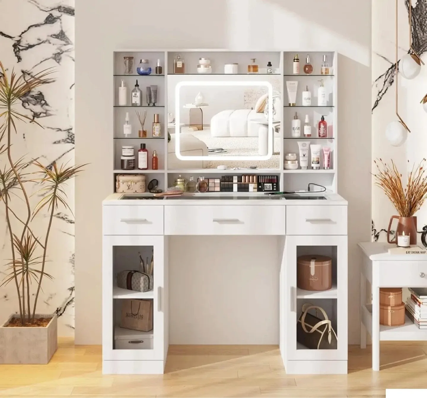 White Makeup Vanity with Lighted Mirror and Storage - photo 2