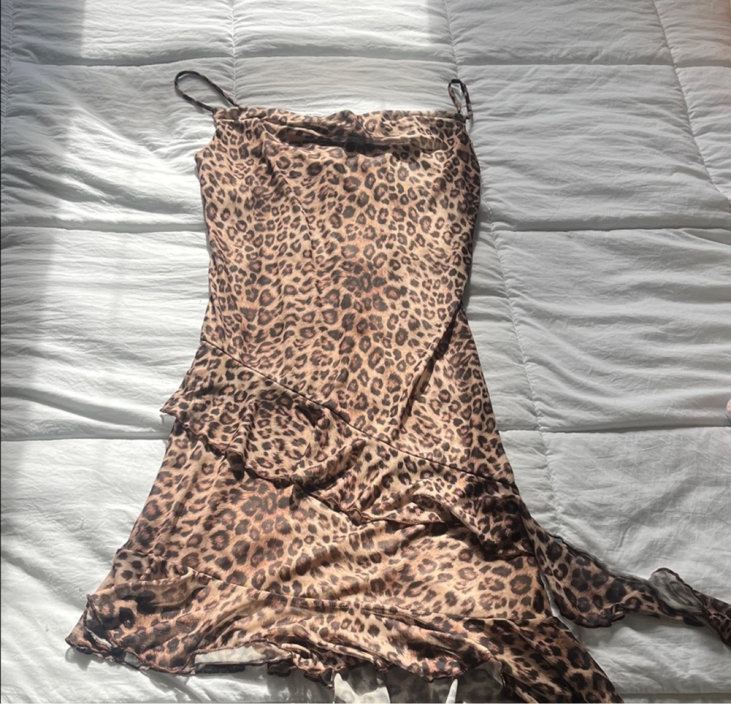 CAUTION TO THE WIND Leopard Print Ruffle Mesh Dress