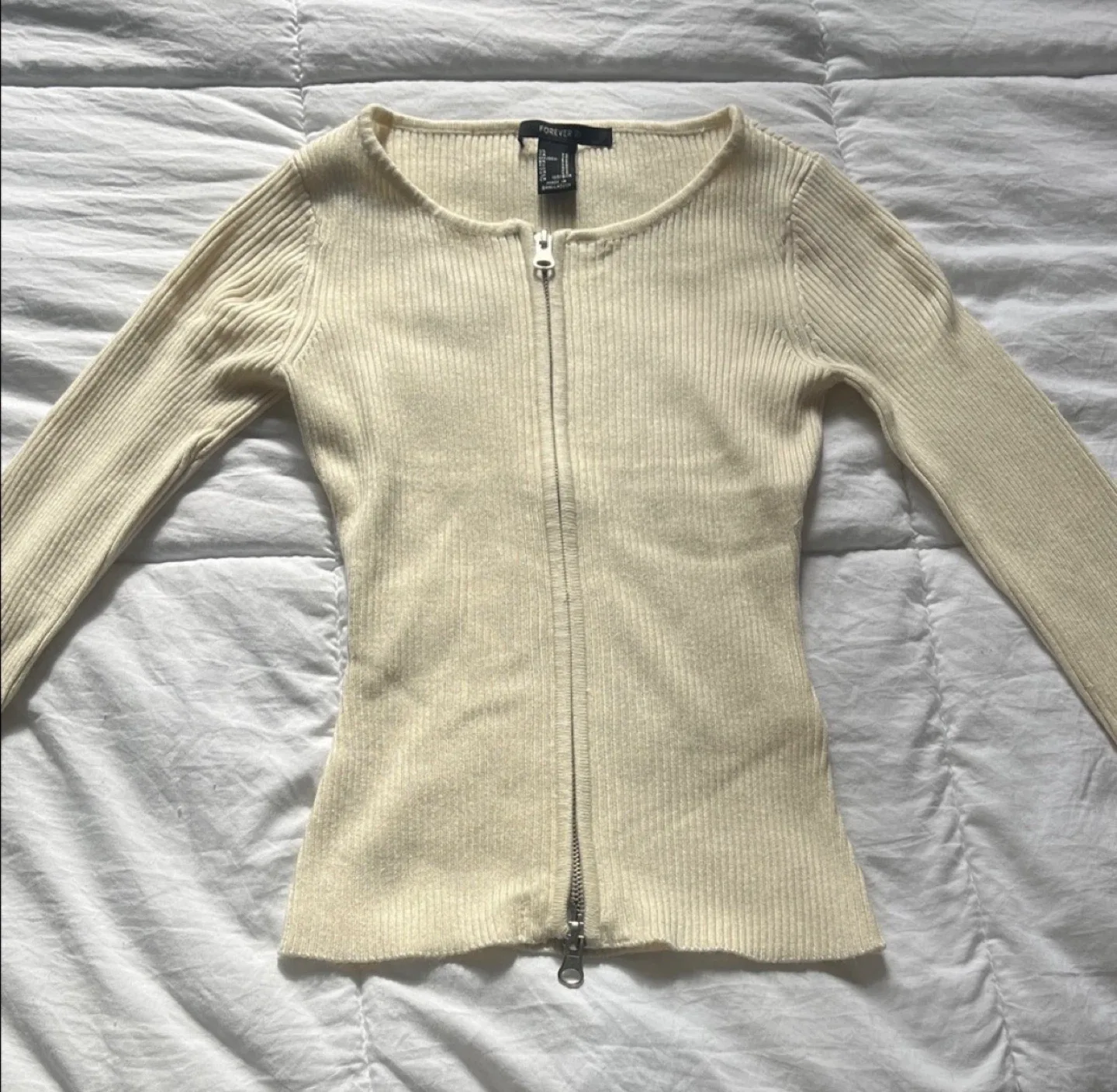 Forever 21 Cream Ribbed Zip-Up Cardigan