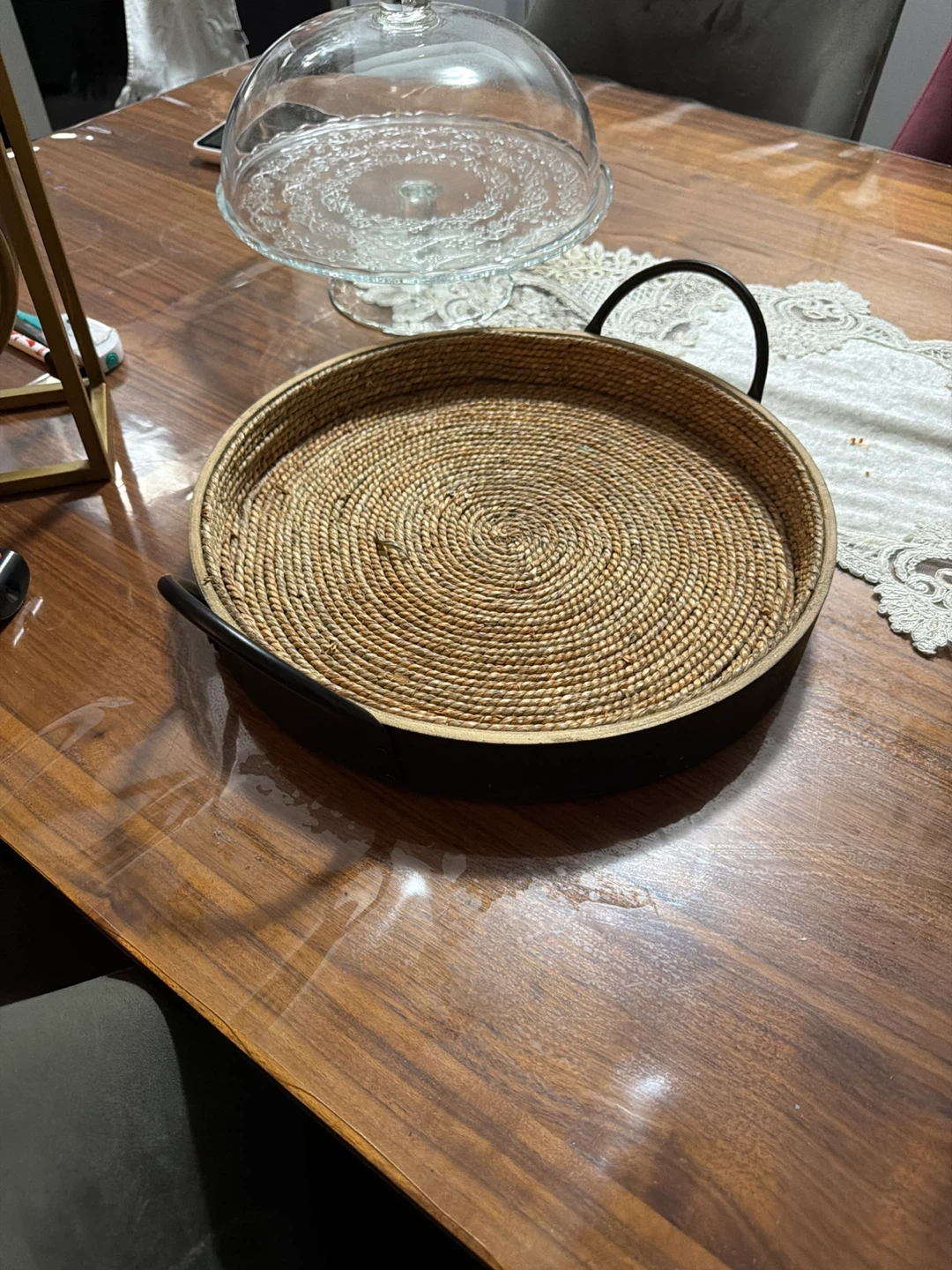 Woven Round Tray with Black Handles