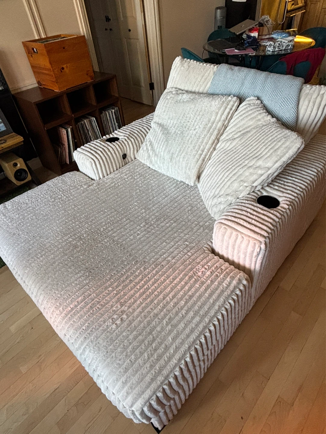 Ivory Corduroy Chaise Lounge Chair with Cup Holders - photo 2