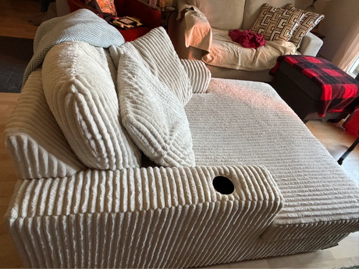 Ivory Corduroy Chaise Lounge Chair with Cup Holders