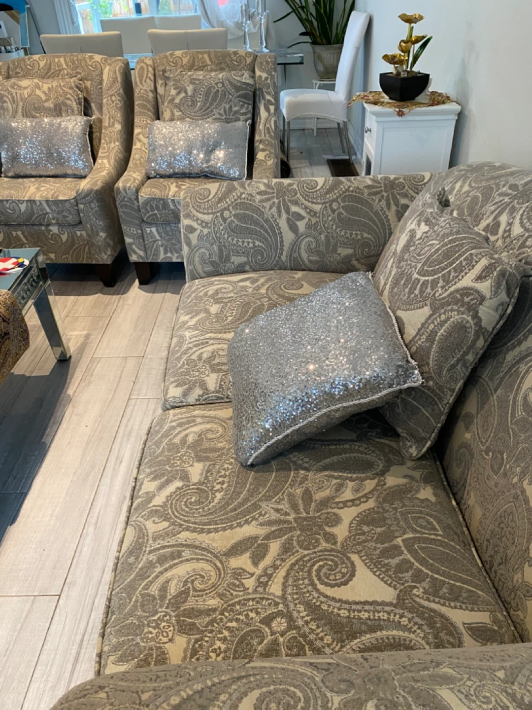 Paisley Print Sofa and Armchairs with Sequin Pillows