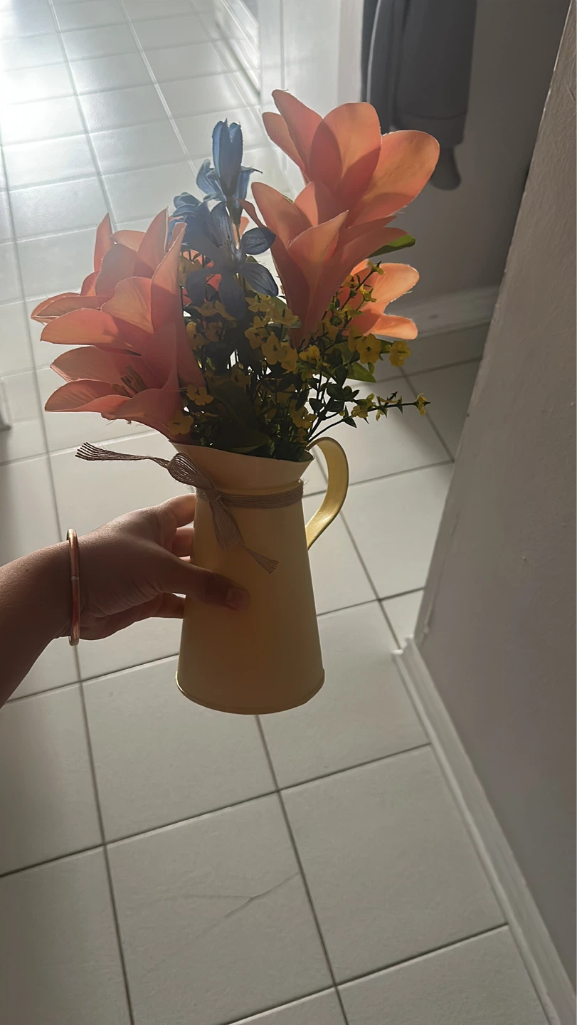 Yellow Metal Pitcher with Artificial Flowers