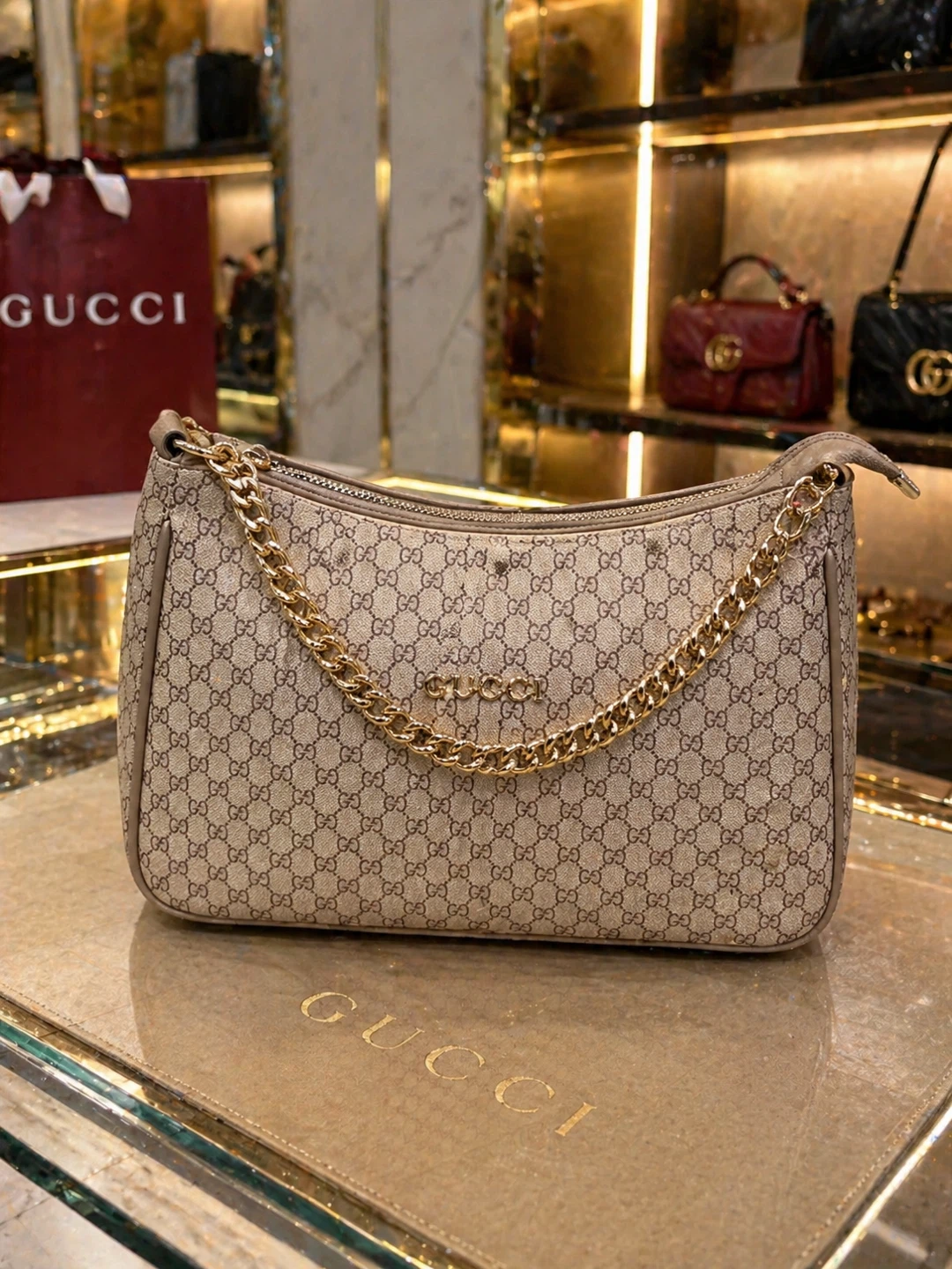 Gucci GG Supreme Canvas Hobo Bag with Gold Chain - photo 3