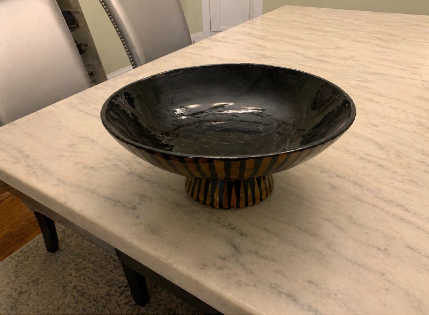 Pedestal Bowl - Black and Gold Stripes