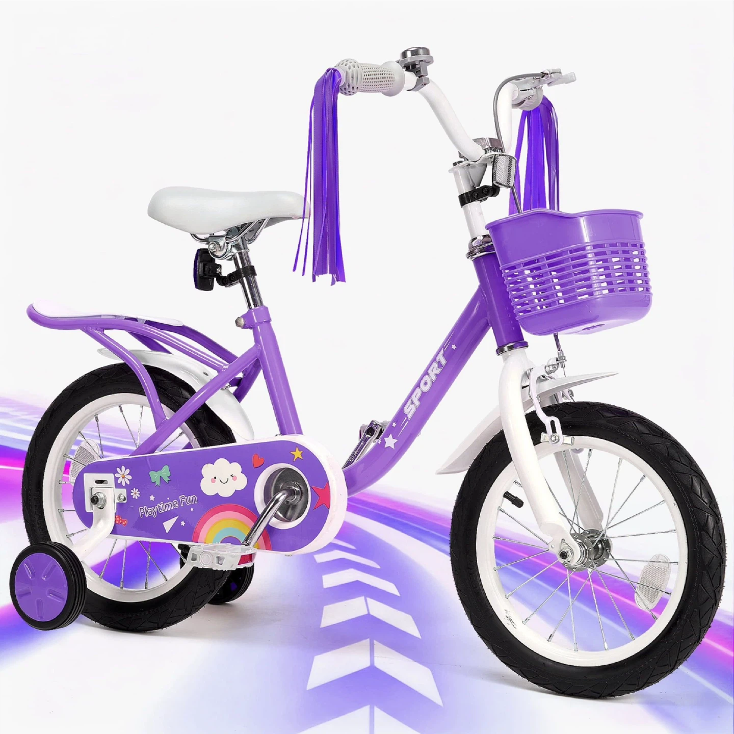 Purple Sport Kids Bicycle with Basket and Training Wheels