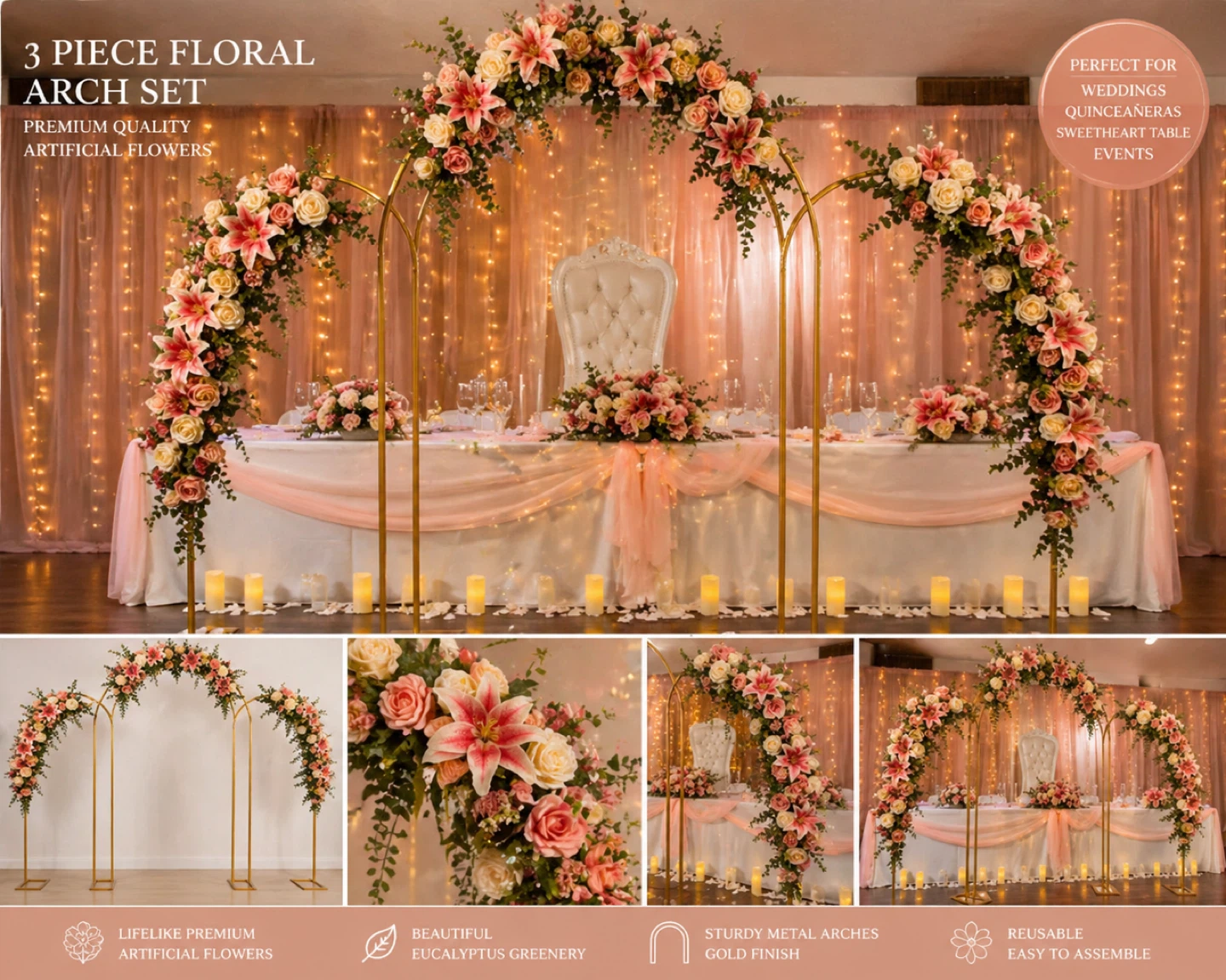 3 Piece Floral Arch Set with Artificial Flowers