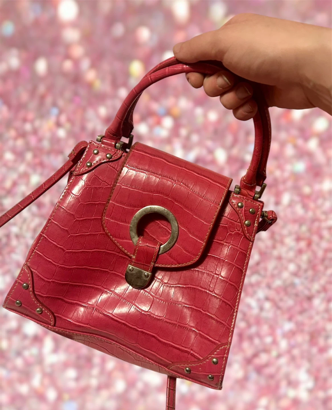 Vintage Raspberry Red Croc-Embossed Leather Handbag