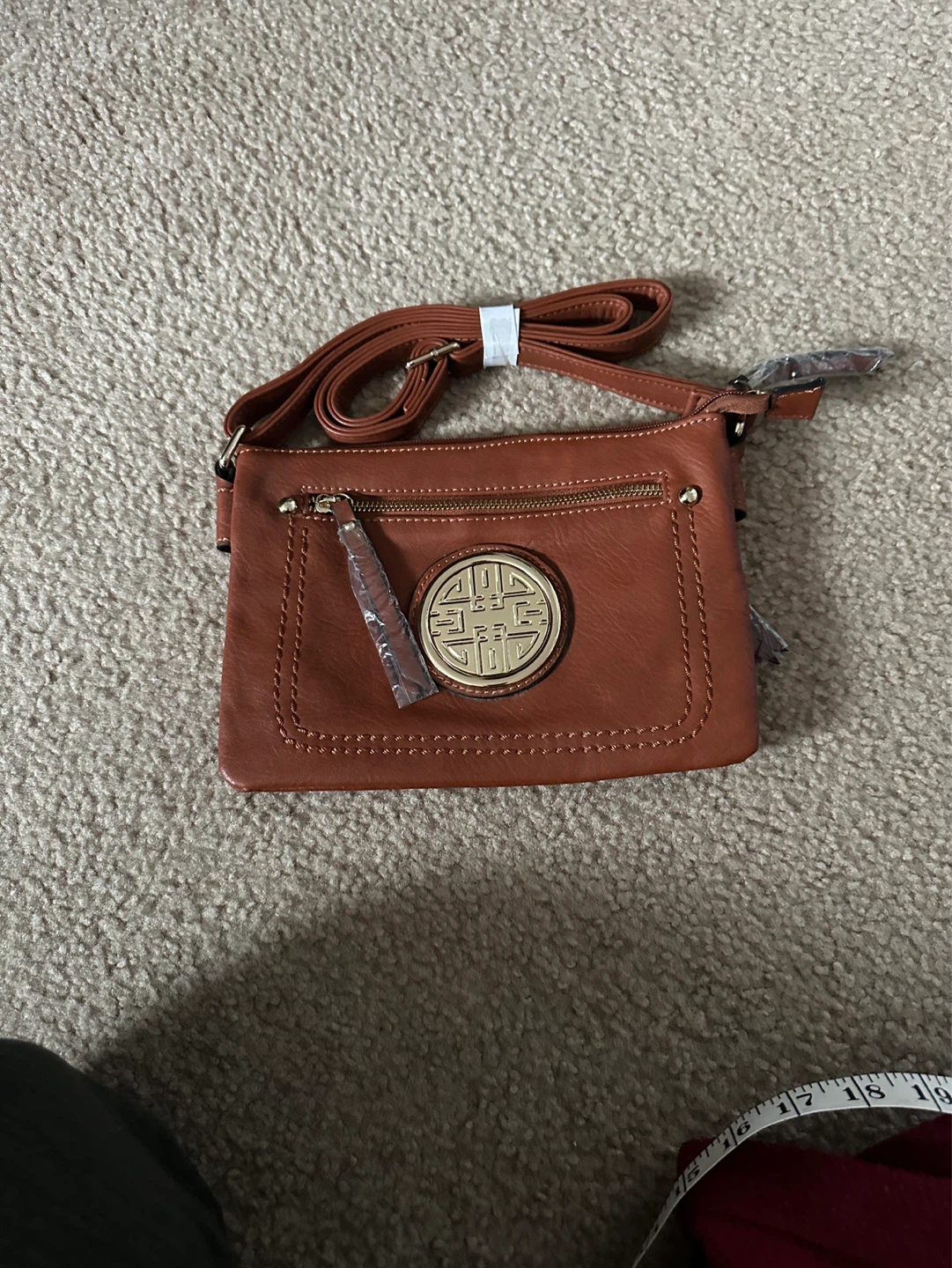 Brown Faux Leather Crossbody Purse with Gold Embellishment