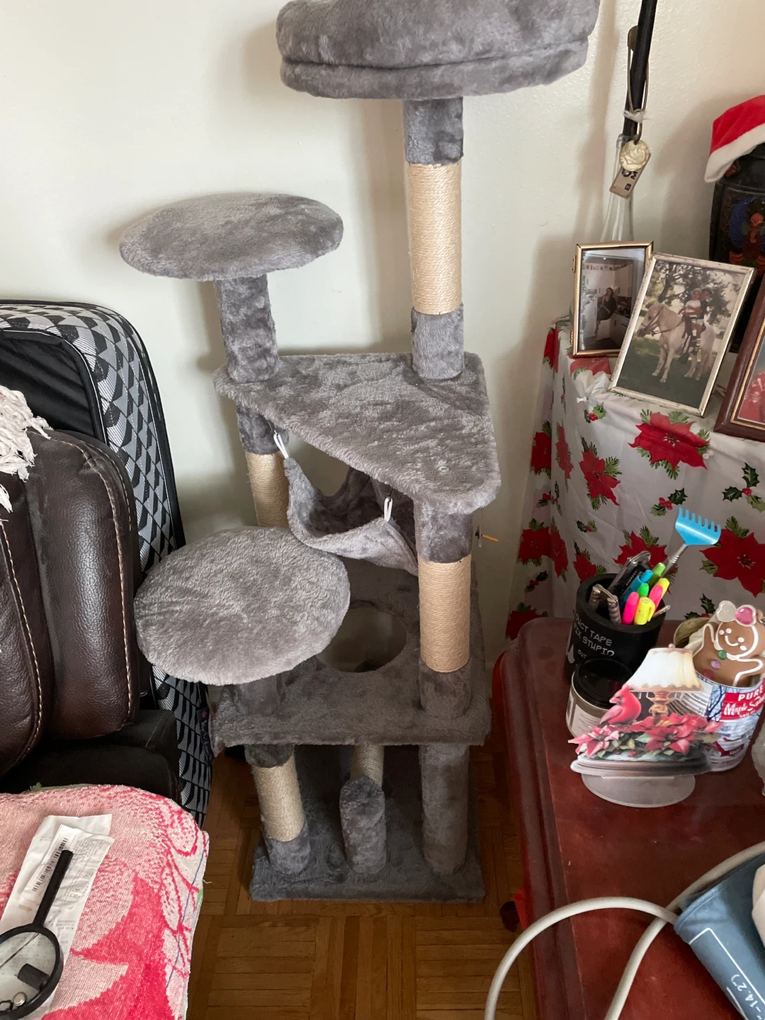 Grey Cat Tree with Multiple Levels and Scratching Posts