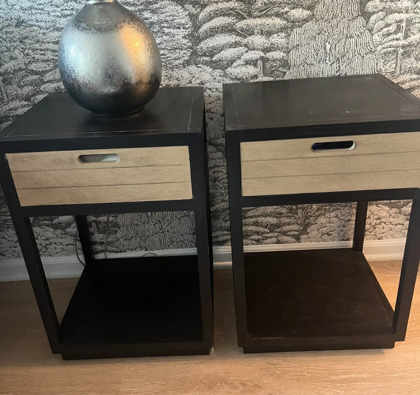 Set of 2 Black & Woodgrain Nightstands with Drawer