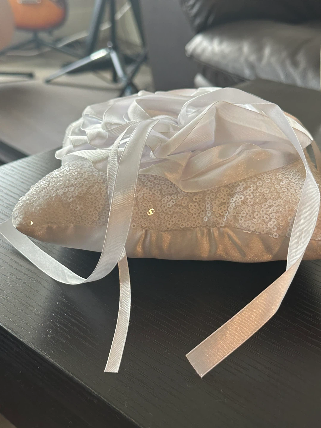 White Sequin Wedding Ring Pillow with Ribbon Flower - photo 2