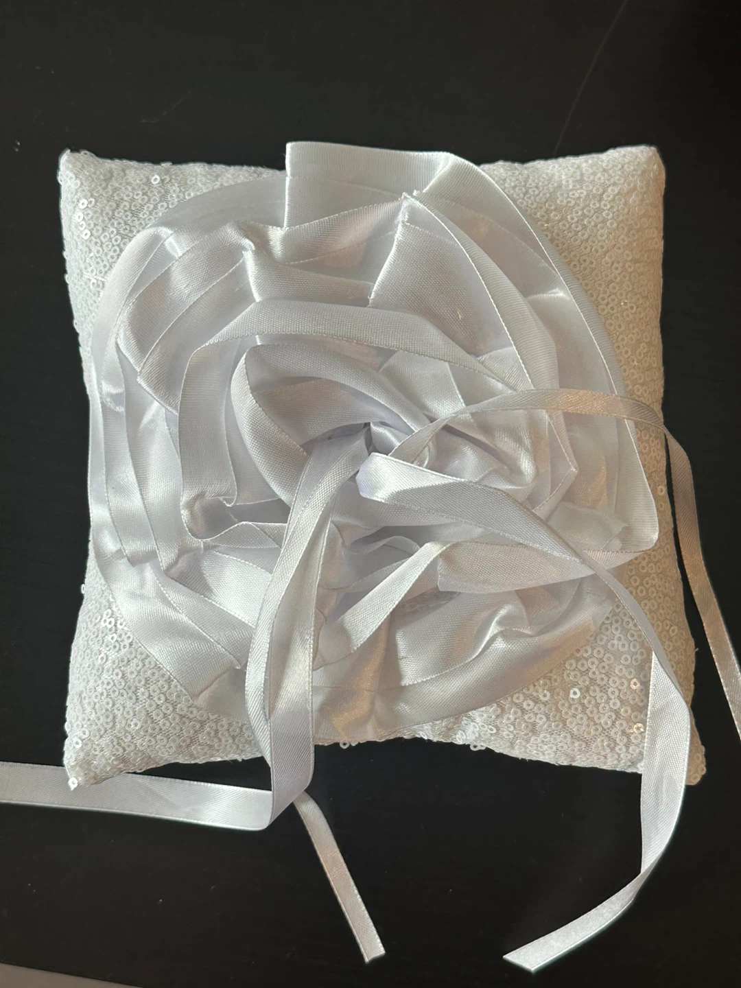 White Sequin Wedding Ring Pillow with Ribbon Flower