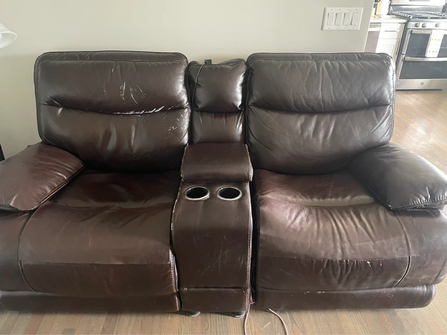 Brown Leather Double Recliner with Cup Holders