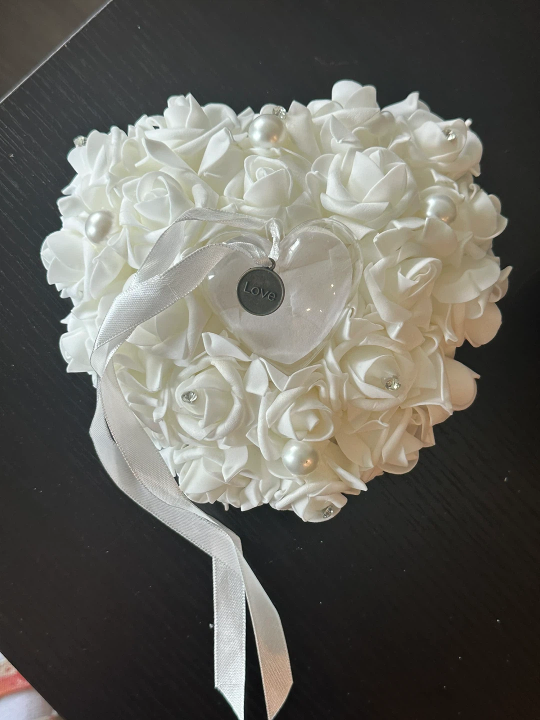 White Faux Rose Ring Bearer Pillow with Heart Charm