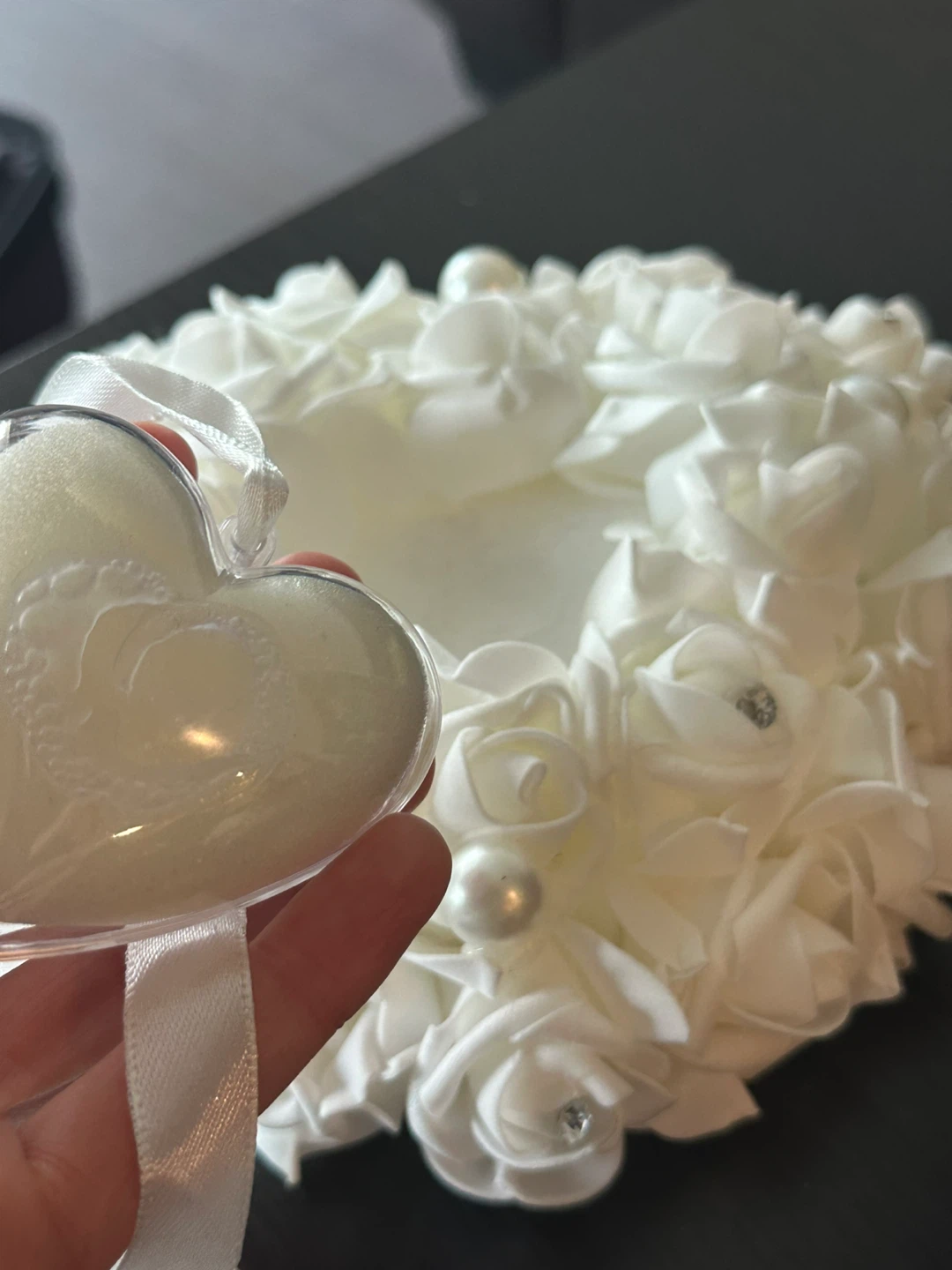 White Faux Rose Ring Bearer Pillow with Heart Charm - photo 3