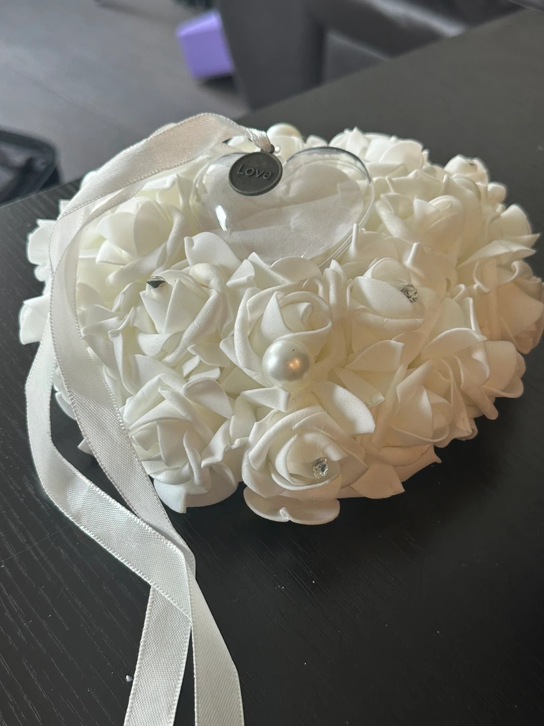 White Faux Rose Ring Bearer Pillow with Heart Charm - photo 2