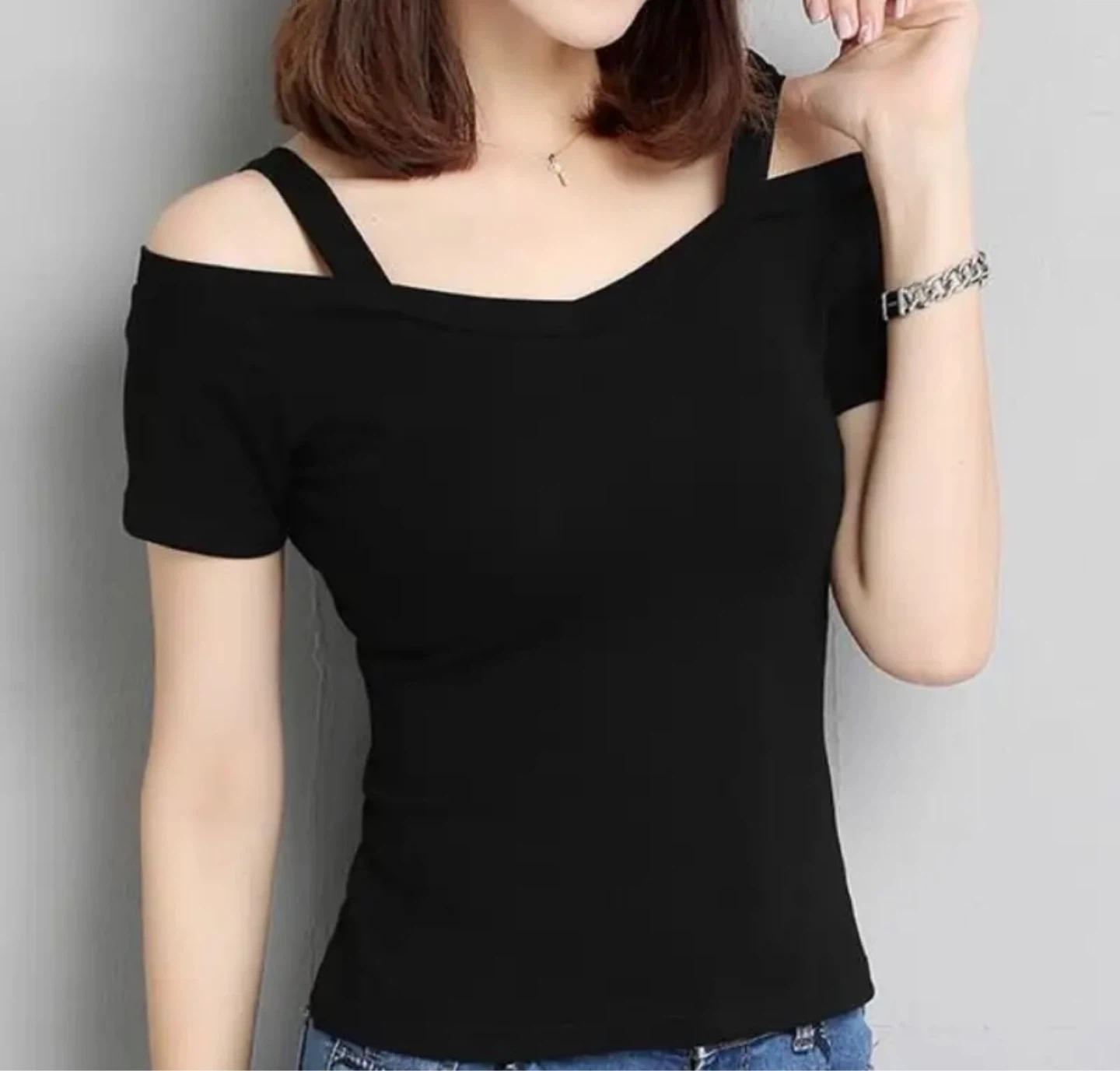 New Black Cold Shoulder T-Shirt