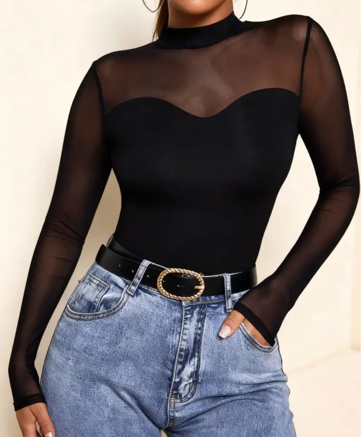 New Black Mesh Mock Neck Top