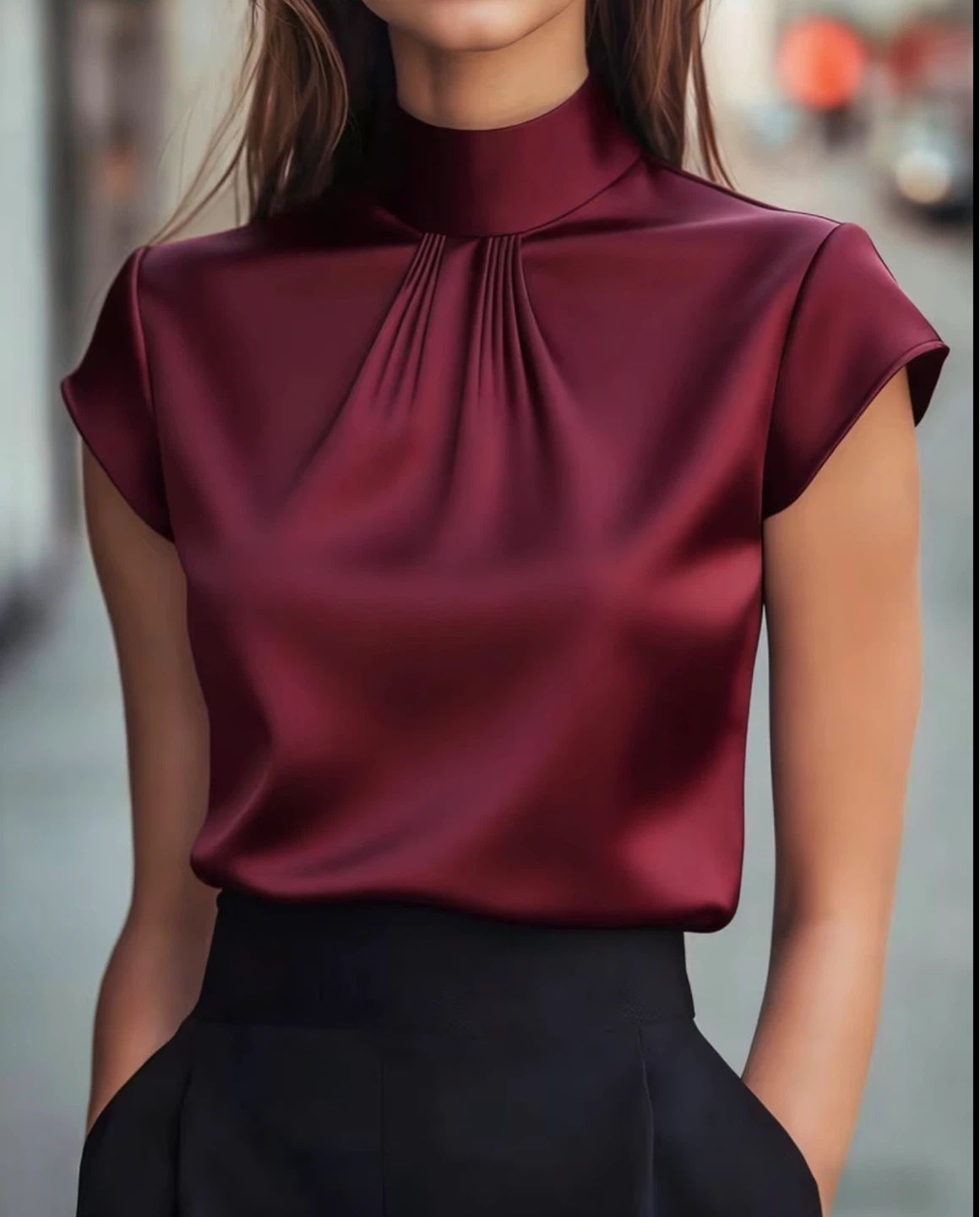 New Maroon Silky Mock Neck Blouse