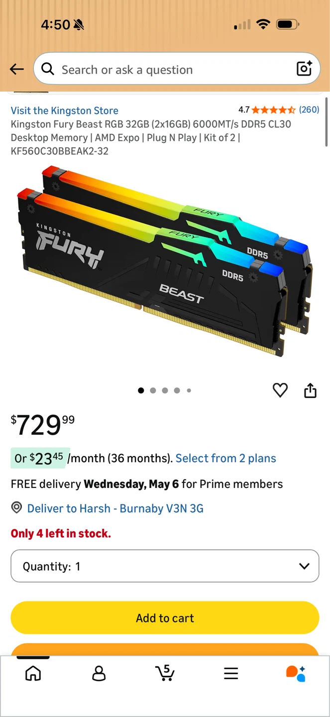 Kingston Fury Beast RGB 32GB DDR5 RAM Kit (2x16GB)