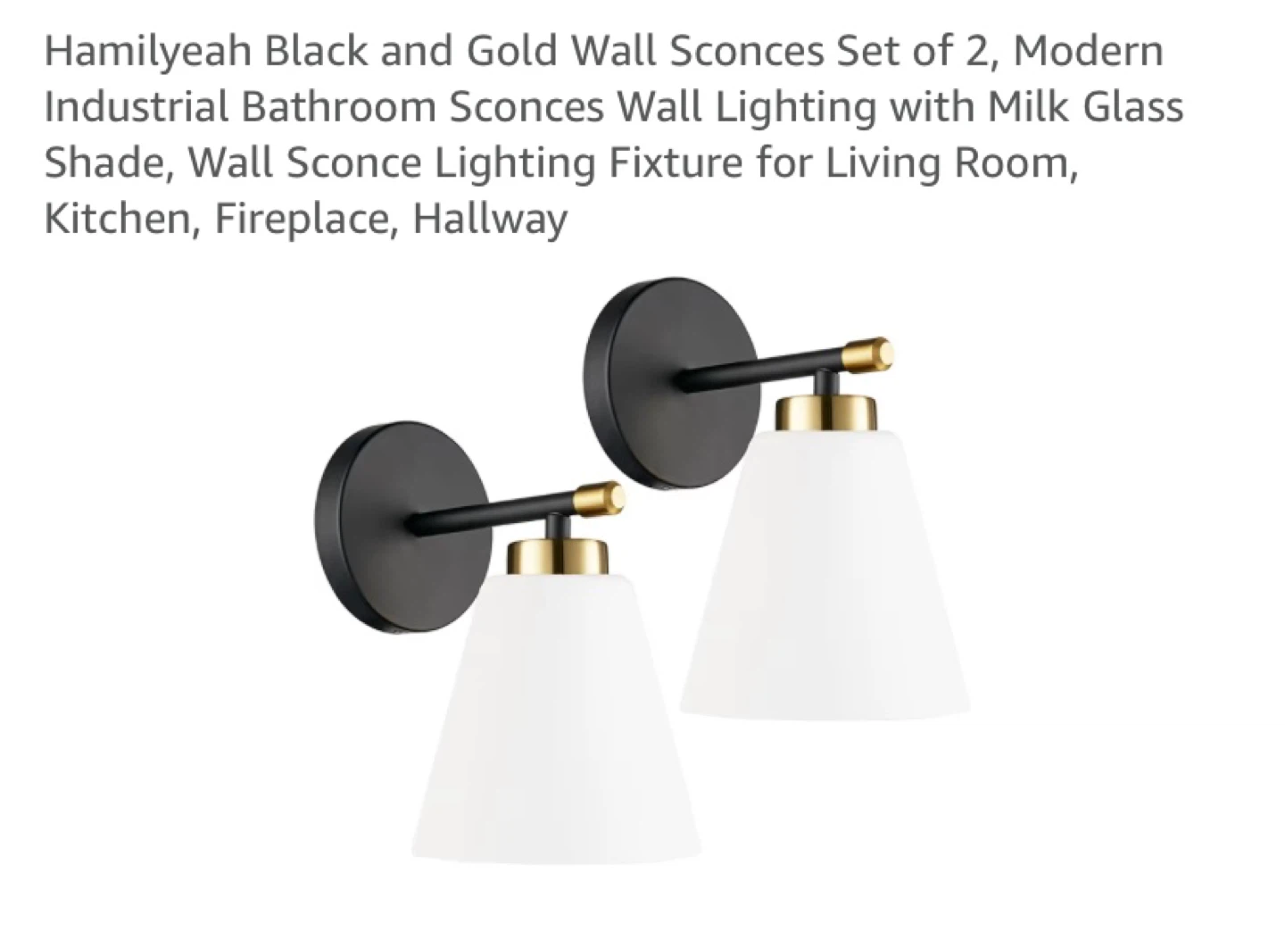 New Black and Gold Wall Sconces Set of 2, Milk Glass Shades