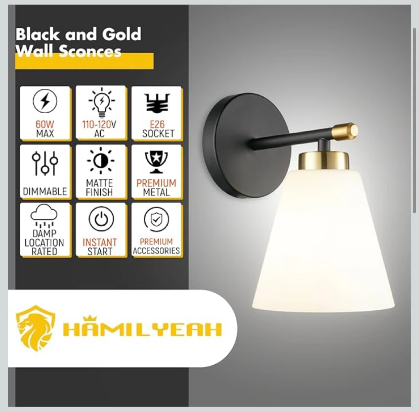 New Black and Gold Wall Sconces Set of 2, Milk Glass Shades - photo 2
