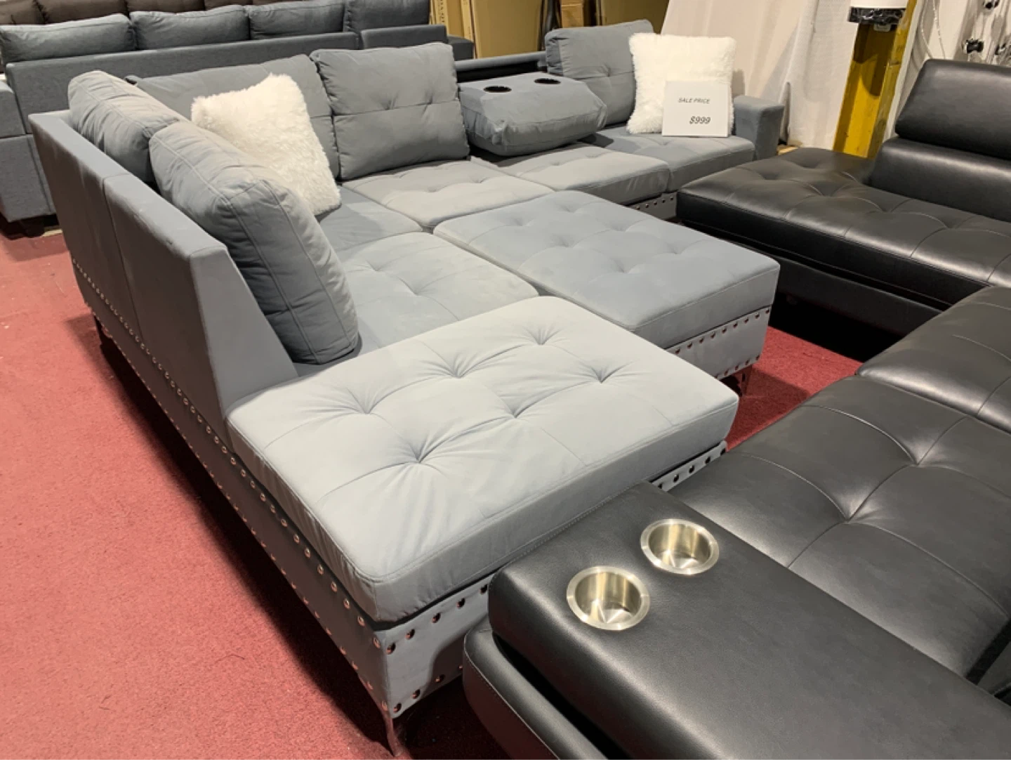 Grey Sectional Sofa with Chaise and Ottomans