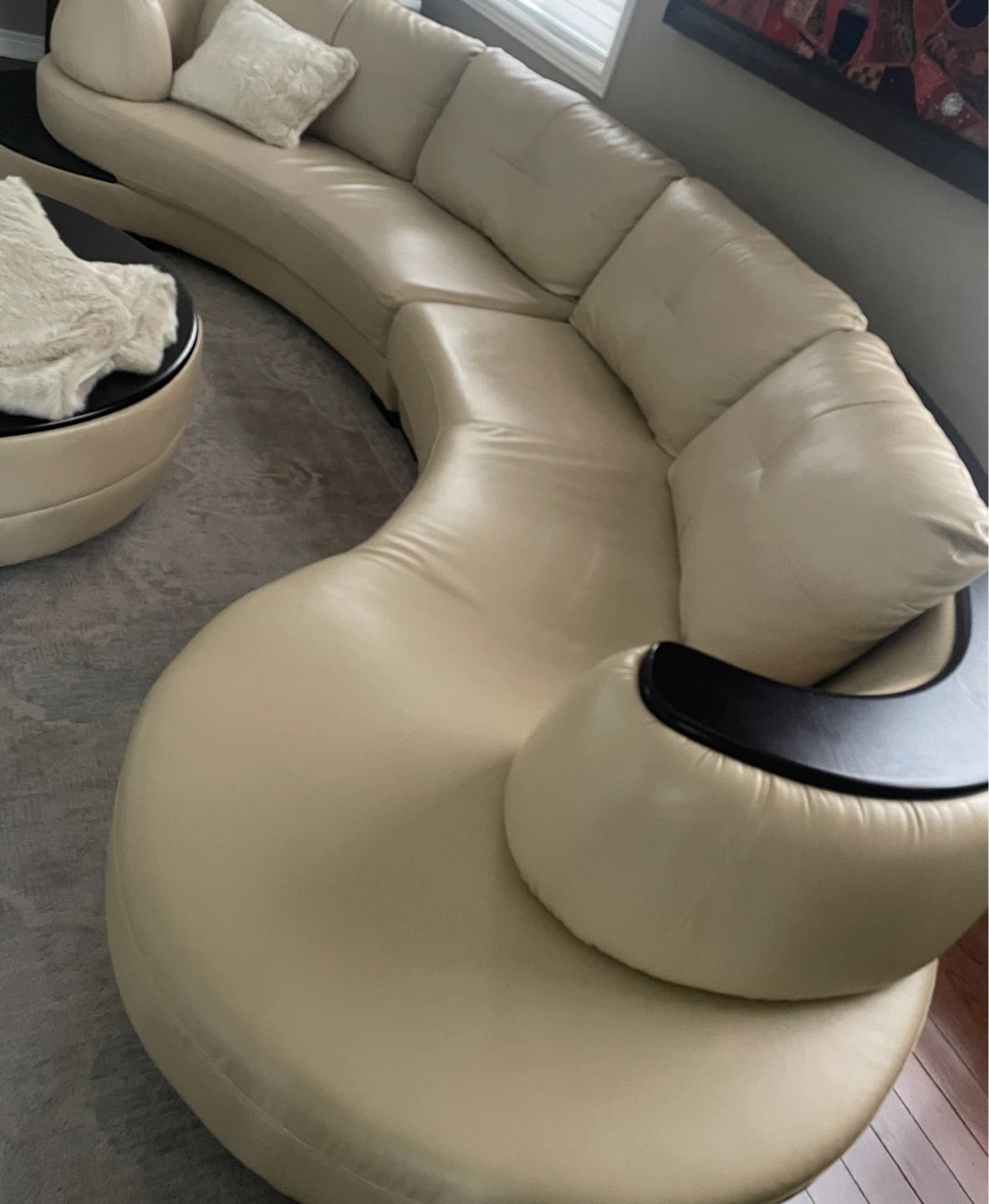 Curved Sectional Sofa in Cream Leatherette