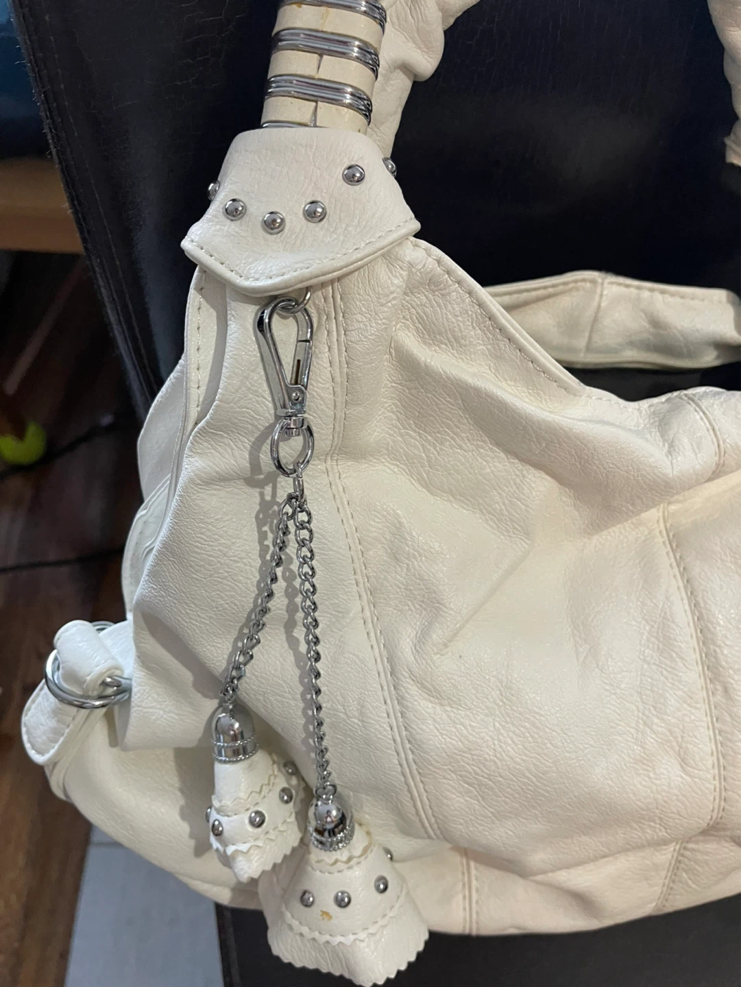 White Faux Leather Hobo Handbag with Tassel Charms - photo 3