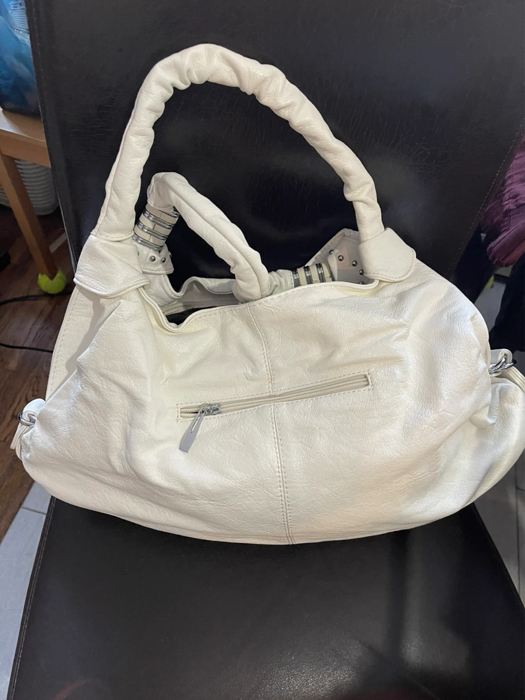 White Faux Leather Hobo Handbag with Tassel Charms - photo 4