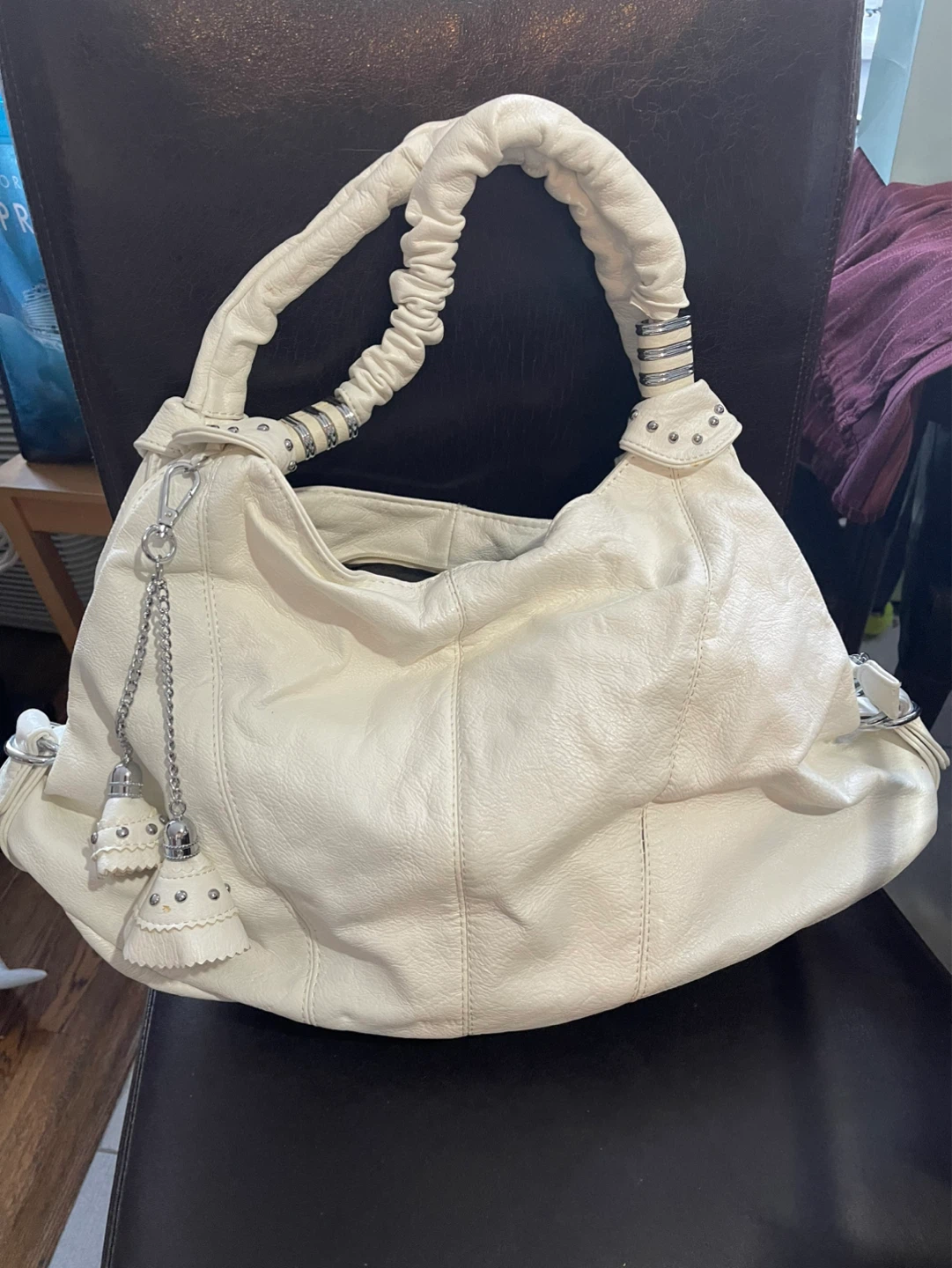 White Faux Leather Hobo Handbag with Tassel Charms