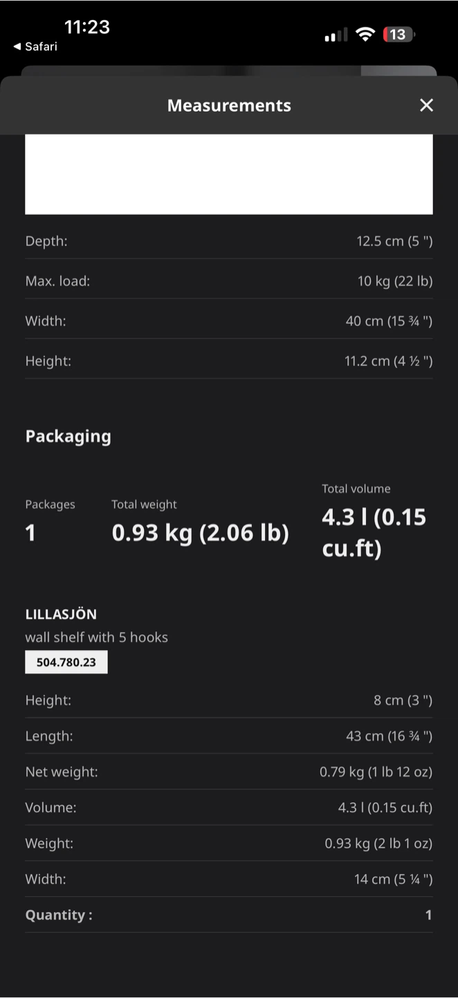 IKEA LILLASJÖN Wall Shelf with 5 Hooks - Black - photo 4