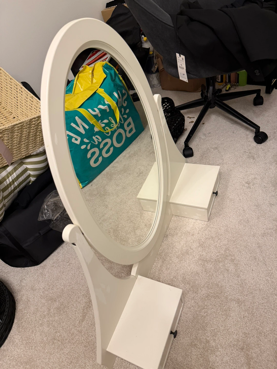 White Oval Vanity Mirror with Drawers
