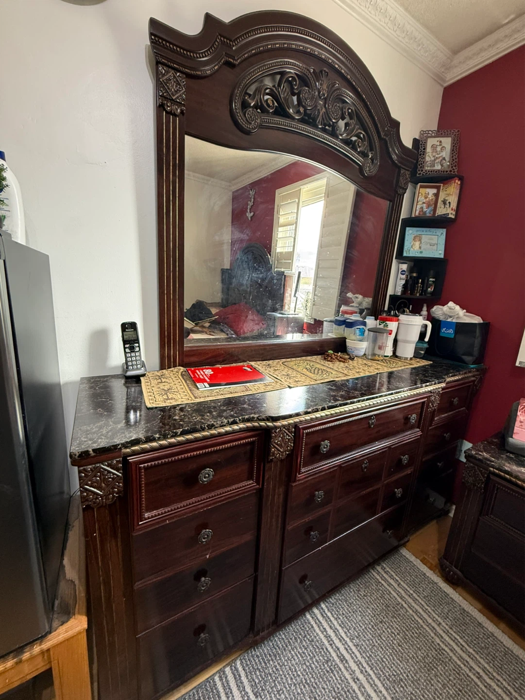 Dark Wood Bedroom Set - Headboard, Dresser & Nightstand