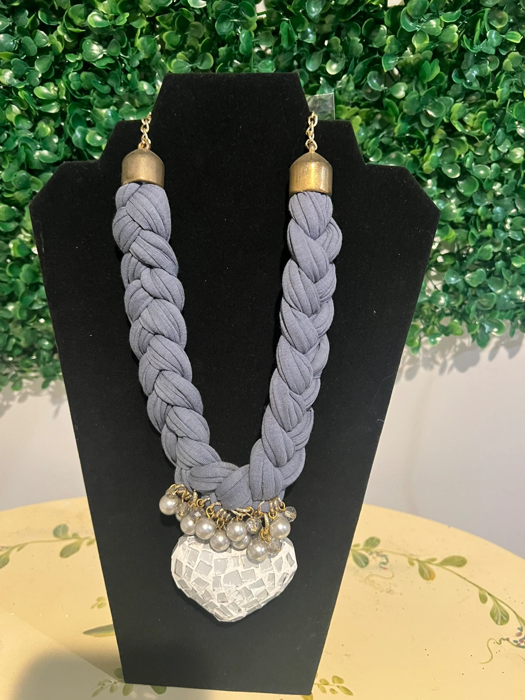 Gray Braided Fabric Necklace with Heart Pendant