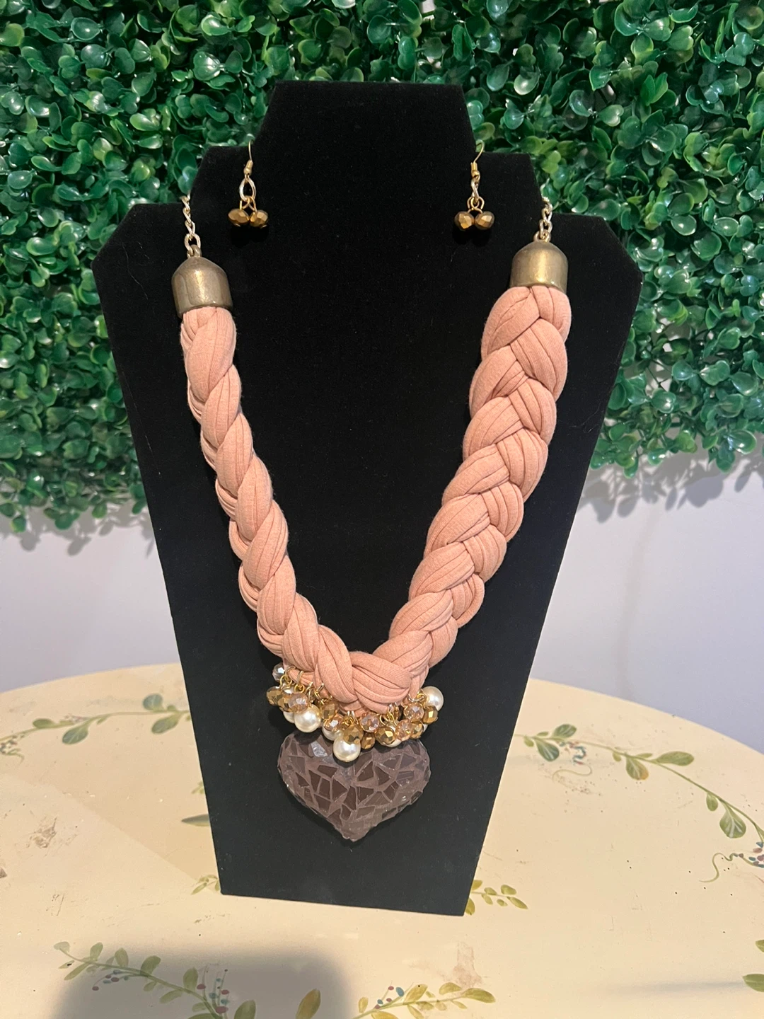 Peach Braided Necklace and Earrings Set with Heart Pendant